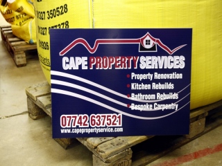 Outdoor Signs: Vinyl printed signs mounted on foam board and correx are an ideal way to advertise your business, we offer a laminating service for extended outdoor use up to 7 years.